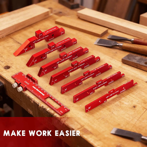 Top Tier Dead Nuts Precise 8 Piece 6061 T6 Aluminum Setup Blocks Pro Grade Woodworking Gauge Set displaying precision blocks on a wooden table.