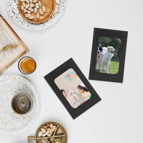 Black Window Envelopes Set 30 Pack Small Size with photos, clear window displays dogs and birthday theme cards on table