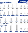 798 Piece Stainless Steel Hex Bolts And Nuts Assortment Kit With Flat And Lock Washers Includes 1/4 20, 5/16 18, 3/8 16, 1/2 13 Bolts And Nuts In Lengths From 1/2 Inch To 2 1/2 Inches Heavy Duty Pro Grade Hardware Set For Home And Garage Projects. chart of stainless steel hex bolts, nuts, flat washers, and lock washers by SAE size