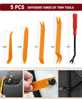 5 PCS different kinds of trim tools in orange and black, measuring 0.53" to 0.9", used for GM interior trim repair.
