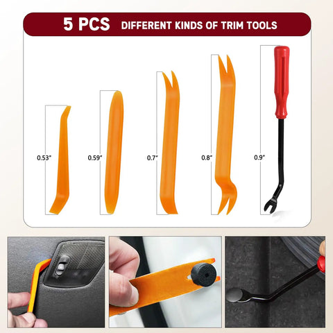 5 PCS different kinds of trim tools in orange and black, measuring 0.53" to 0.9", used for GM interior trim repair.