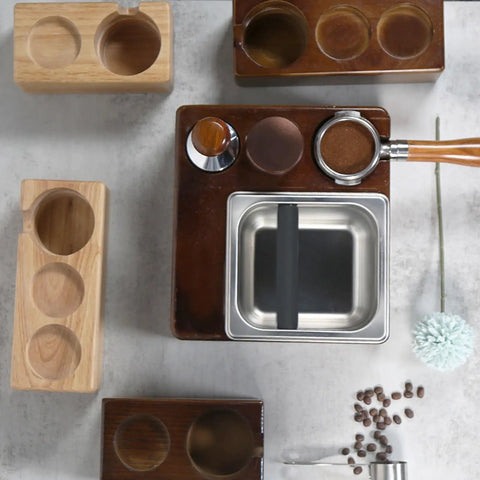 Heavy Duty Wooden Espresso Tamper Holder And Tamping Station For 58mm Coffee Machine Handles With Secure Powder Catch Slot, top view with accessories.