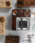 Premium Wooden Espresso Tamper Holder With Slick Drip Catch Tray And Knock Box Replacement Rock Solid Anti Slip Countertop Organizer layout.