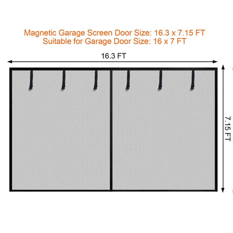 Diagram of Magnetic Garage Door Screen For 2 Car 16x7 Ft Reinforced Polyester Mesh With Dimensions
