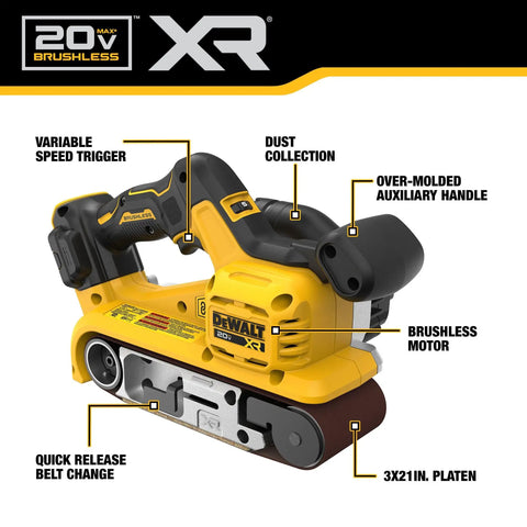Heavy Duty 20V Max Cordless Belt Sander With A Badass Brushless Motor And Hassle Free Airlock Dust Capture For Top Tier Woodworking And Smoother Finish Results Tool Only showing controls and features.