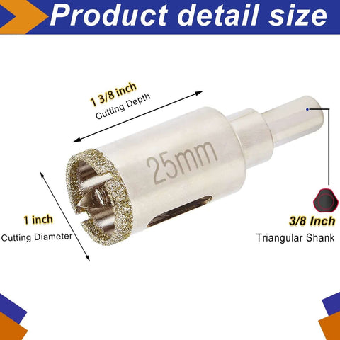 DaduoRi 1-inch diamond tile hole saw with pilot bit, 25mm diameter, 1-3/8 in cutting depth, 3/8 in triangular shank