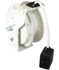 Tough As Nails Industrial Power Cord Reel With Retractable Spring Loaded Arm and Heavy Duty 12/3 Sjow Extension Wire featuring four grounded outlets and white steel frame.