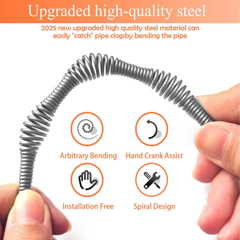 Heavy Duty 33 Foot Drain Snake Auger With Flexible Steel Cable showing a flexible steel cable bending for clogs in plumbing.