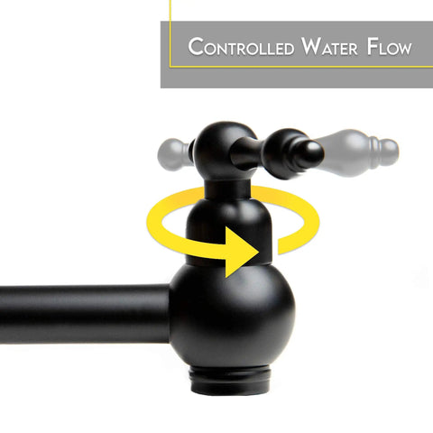 Close-up of Pot Filler Faucet Wall Mount Black Kitchen Faucet With 24 Inch Extendable Swing Arm showing control handle.
