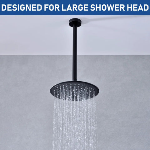 12 Inch Ceiling Mount Shower Arm And Flange In Matte Black, Heavy Duty 304 Stainless Steel Extension with water flow