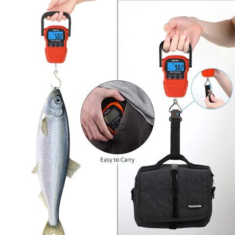 Portable Digital Fishing Scale With Measuring Tape, Backlit LCD Display, Data Lock, Lightweight 8.3 Oz Hanging Scale For Outdoor Fishing, Travel Luggage, Accurate Weight Readings For Freshwater And Saltwater. Handheld scale weighing fish and bag