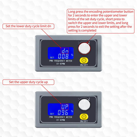 Beefy 1-Channel PWM Signal Generator XY-KPWM setting controls, LCD display, and duty cycle adjustment instructions visible.
