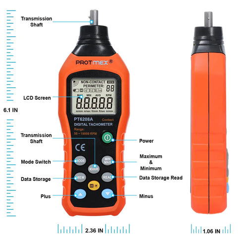 Built Like A Tank Digital Contact Tachometer Nails 50 To 19999 RPM with LCD screen and ergonomic housing for engine diagnostics.