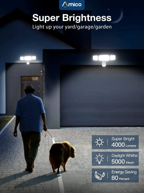 Two Pack Outdoor Security Flood Lights With Motion Sensor, 40W LED, 4000 Lumens, 5000K Daylight White, IP65 Waterproof Exterior Garage And Yard Lighting With Adjustable Heads For A Super Bright Night