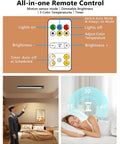 Rechargeable Motion Sensor Ceiling Light With 500 Lumen LED No Fuss Easy Install Full Metal Battery Powered Closet Light 3 Color Temperature Dimmable Remote And Timer Magnetic Cordless Mount For Shower Hallway Garage Pantry Black remote control features with timer and brightness adjustment. Illustration of remote function with cozy bedroom lighting example.