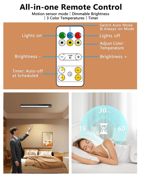 Rechargeable Motion Sensor Ceiling Light With 500 Lumen LED No Fuss Easy Install Full Metal Battery Powered Closet Light 3 Color Temperature Dimmable Remote And Timer Magnetic Cordless Mount For Shower Hallway Garage Pantry Black remote control features with timer and brightness adjustment. Illustration of remote function with cozy bedroom lighting example.
