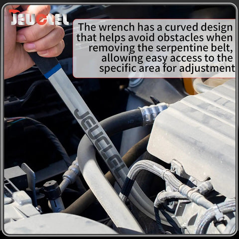 Hand holding a curved wrench from the Universal 15 Piece Idler Belt Tensioner Removal Tool Kit For Tight Engine Bays in engine bay