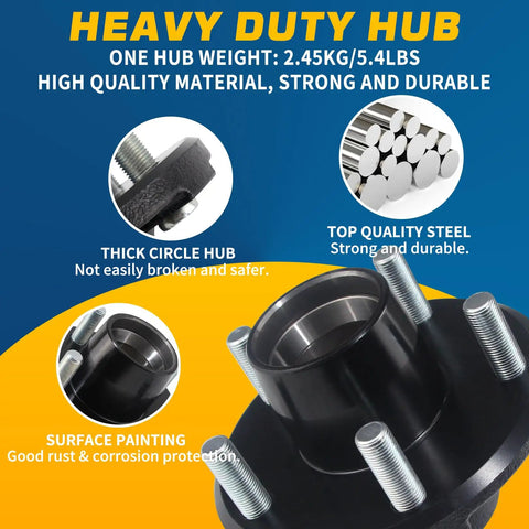 Two Sets 5 On 4.5 Inch Trailer Hub Kit For 2000 Lbs Axles Fits 1 In Or 1-1/16 In Straight Spindles, heavy-duty steel hub