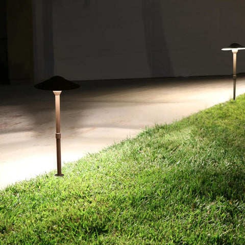 3W Low Voltage Landscape Path Lights 12V Bronze Outdoor Garden Yard Waterproof With Replaceable G4 LED Bulbs illuminating lawn at night