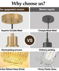Comparison of Two Pack Top Tier Amber Cylinder Pendant Lights With Vintage Ribbed Hand Blown Glass And Brushed Gold Adjustable Fixtures.