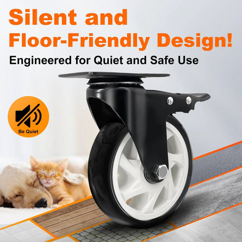 Built Like A Tank 5 Inch Heavy Duty Polyurethane Caster Wheels With Reliable Brakes on smooth surface for quiet use.