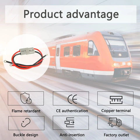 Image of 50 Amp Battery Quick Disconnect Connector Plug Kit with 8 AWG 30 Cm Cable, displayed over a train background highlighting product features.