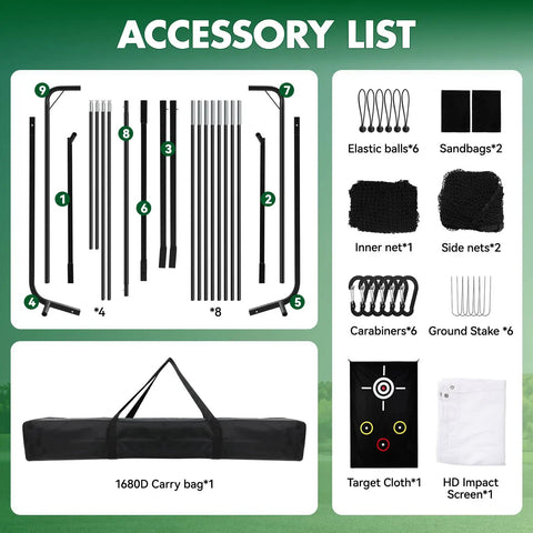 Accessory list for Golf Practice Net With HD Impact Screen And Auto Ball Return, showing frame parts, nets, and carry bag.