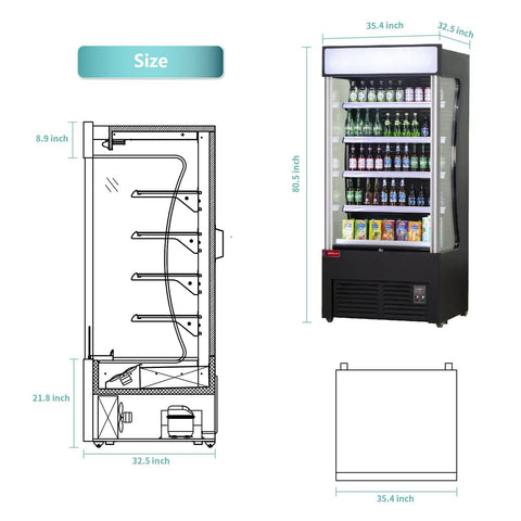 Straight Up Pro Grade Commercial Open Air Merchandiser Refrigerator Cooler dimensions and design, 80.5 inch height, 35.4 inch width.