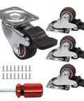 Ultra Low Profile One Inch Swivel Caster Wheels With Dead Quiet TPR Rubber Smooth Floor Friendly Ride No Hassle Mounting For Beds And Cabinets Slick Four Pack with mounting tools and screws.