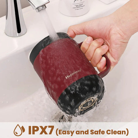 Smart Self Heating Coffee Mug With Precise Temperature Control And Marathon Battery Life being rinsed under water. IPX7 waterproof design.