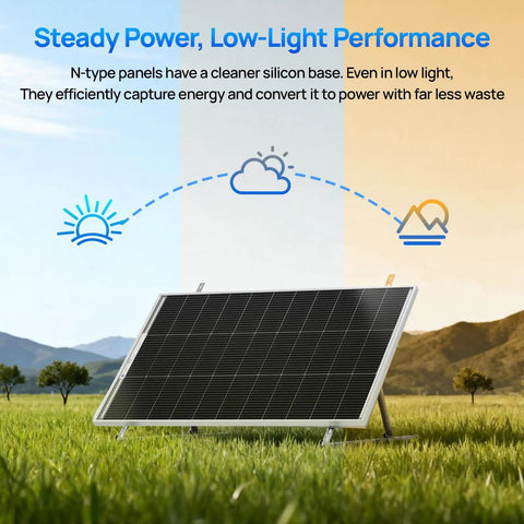 Ultra-Efficient 100 Watt Monocrystalline Solar Panels in a 2-Pack Set for 12V and 24V Battery Systems in a field with sunlight and clouds.