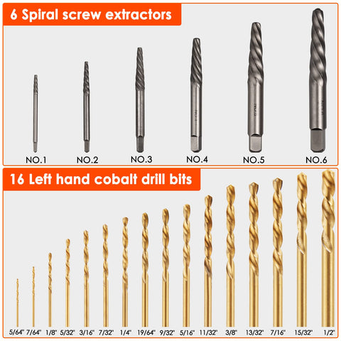 Broken Bolt Extractor Kit With 54 Pieces Easy Out Set for Damaged Bolts Rusted Frozen Rounded Off Nuts Screws with screw extractors and left-hand drill bits.