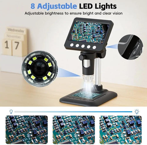 4.3 Inch LCD Digital Microscope For Adults With 50X To 1000X Zoom, 8 Adjustable LED Lights, USB Microscope For Windows And MacOS