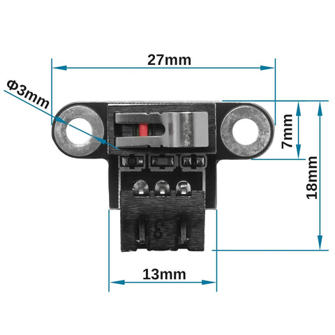 Six Pack Micro Limit Switches With 1M 3 Pin Cable For 3018 PROVer Mach3 CNC Router Upgrade Kit Featuring No Contact Momentary Action And 18mm By 27mm By 14mm Housing With 3.0mm Mount Holes For Easy Install detailed view of switch with measurements