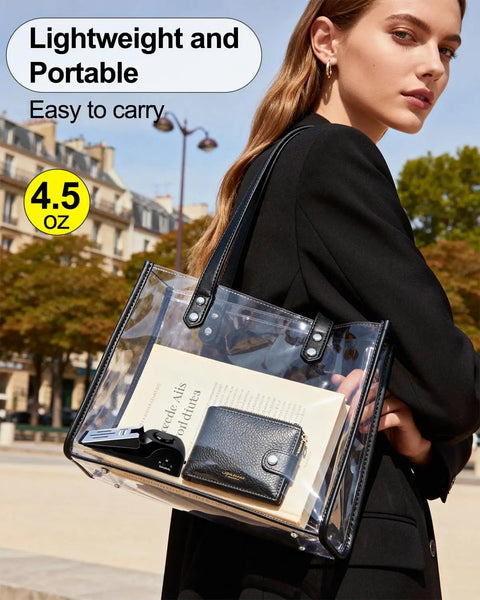 Transparent tote bag held by woman, containing a book and black wallet, labeled 4.5 oz, outdoors