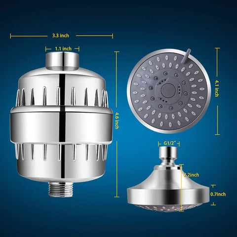 High Pressure Shower Head Filter Combo With 15 Stage Filtration 5 Spray Settings Water Softener showing dimensions