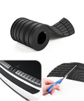 Rear Bumper Protector For Cars And SUVs, 42 Inch By 3.4 Inch Universal Rubber Shield showing rolled vinyl, trunk installation, and cutting detail.