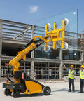 Badass Heavy Duty Glass Vacuum Lifter With Adjustable Electric Suction Cups lifting large glass panel at construction site.
