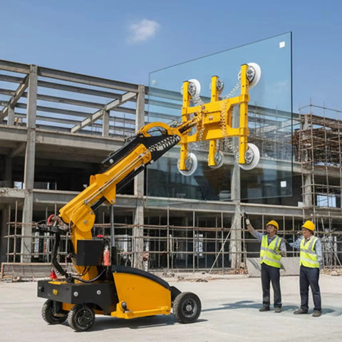 Badass Heavy Duty Glass Vacuum Lifter With Adjustable Electric Suction Cups lifting large glass panel at construction site.