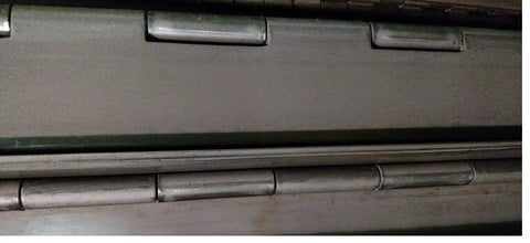 Kickass Heavy Duty Stainless Steel Continuous Piano Hinge Black Mill Finish 0.12 Thick 0.25 Pin 4 Wide close-up view showing hinge details.