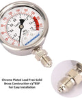 Front view of MEASUREMAN glycerin-filled pressure gauge, chrome-plated brass body, 2.5-inch dial, 0-220 psi, 1/4 BSP