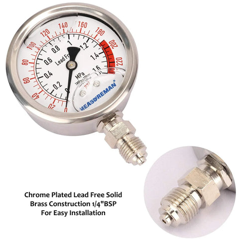 Front view of MEASUREMAN glycerin-filled pressure gauge, chrome-plated brass body, 2.5-inch dial, 0-220 psi, 1/4 BSP