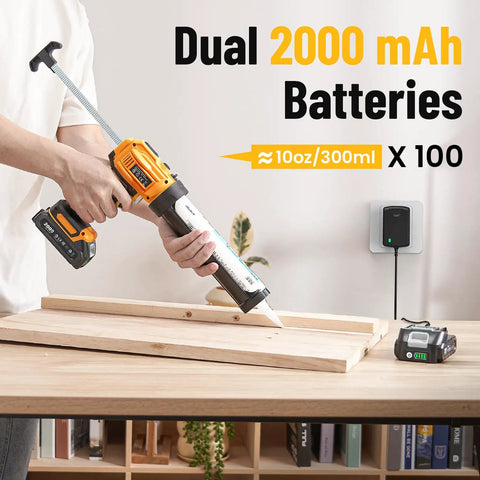 Cordless Caulking Gun With Two 2000mAh Batteries 4 Adjustable Speeds LED Light 10oz Cartridge Gun in use on wooden planks