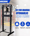 Heavy Duty Hydraulic Shop Press With Adjustable Benchtop Table and Solid H Frame Steel Construction, 20 ton capacity, shop setting.
