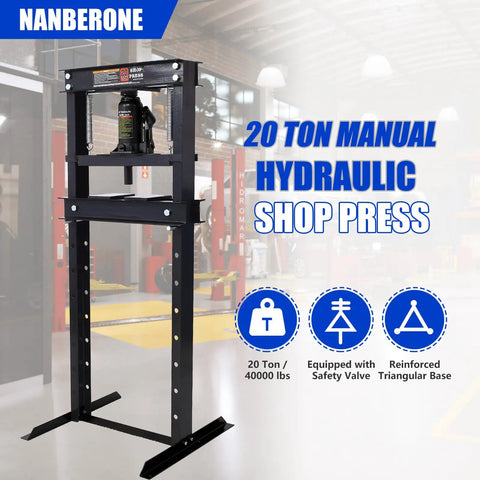 Heavy Duty Hydraulic Shop Press With Adjustable Benchtop Table and Solid H Frame Steel Construction, 20 ton capacity, shop setting.