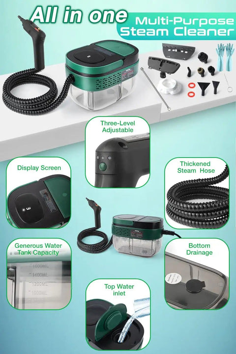 Hands Free Handheld Steam Cleaner With Handle Control One Point Six Liter Large Water Tank 3 Level Steam Output Thickened Hose Portable No Bending Easy To Use Pro Grade High Temp Steamer For Home Kitchen And Car Dark Green