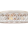 Rustic Farmhouse 3 Light Flush Mount Ceiling Light with metal cage drum shade, open geometric design, walnut wood finish view