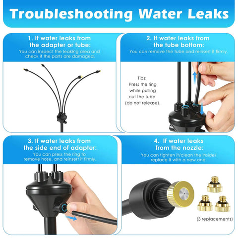 Troubleshooting guide for water leaks in Outdoor Patio Misting System With 5.25 Ft Adjustable Stand And Four Nozzles, close-up views.