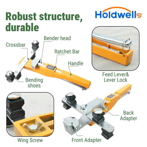 Ratcheting Pipe Bender Set For One Quarter To Seven Eighths OD showing components like bender head, ratchet bar, and handles.