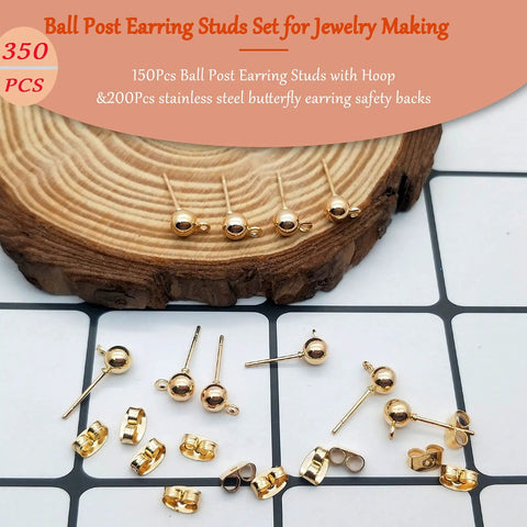 KC Gold Ball Post Earring Studs With Loop, 150 Pcs, Includes 200 Stainless Steel Butterfly Earring Backs, 350 Total DIY kit gold earring findings